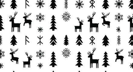Obraz premium Winter pattern featuring stylized deer, evergreen trees, and snowflake motifs creates a repetitive surface design perfect for seasonal branding and textile applications.