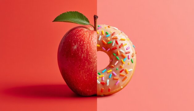 There is an apple with sprinkles and a donut on a red background