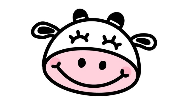 Cute cartoon cow face with smiling expression and closed eyes vector illustration. Sweet animal head doodle isolated on white background, ideal for nursery design and kids clipart.