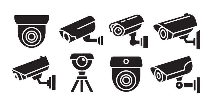 Security surveillance camera icons set showing different types of indoor and outdoor monitoring.