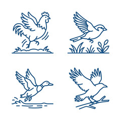 Fototapeta premium Collection of four stylized line art drawings of birds in motion.