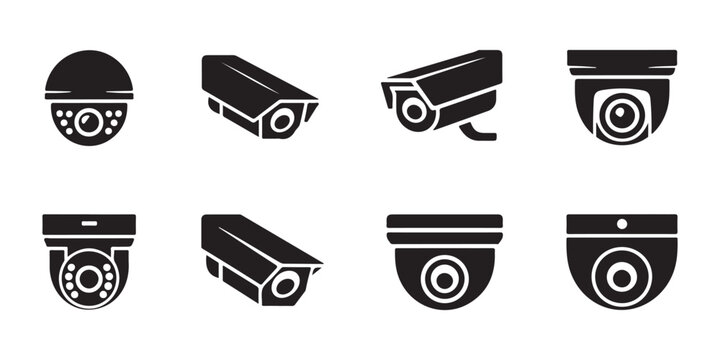 Security surveillance camera icons set featuring dome and bullet style cctv monitoring systems.