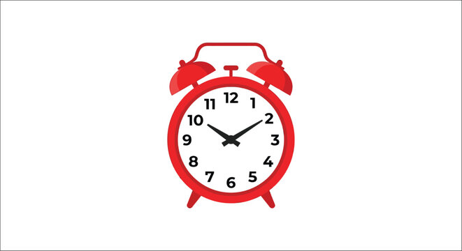 Red alarm clock with black hands on a white background time wake morning timekeeping face analog device ringing wake up call flat design vector graphic
