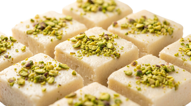 Traditional Indian barfi sweets with crushed pistachio topping, square milk fudge pieces, authentic oriental dessert for festivals and celebrations isolated PNG with Transparent Background