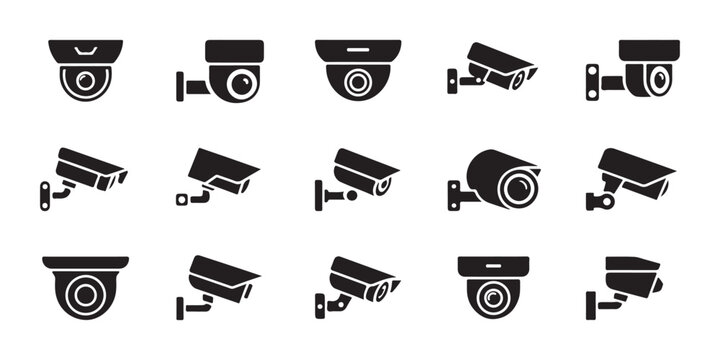 Collection of diverse cctv camera icons isolated on transparent background for security systems.