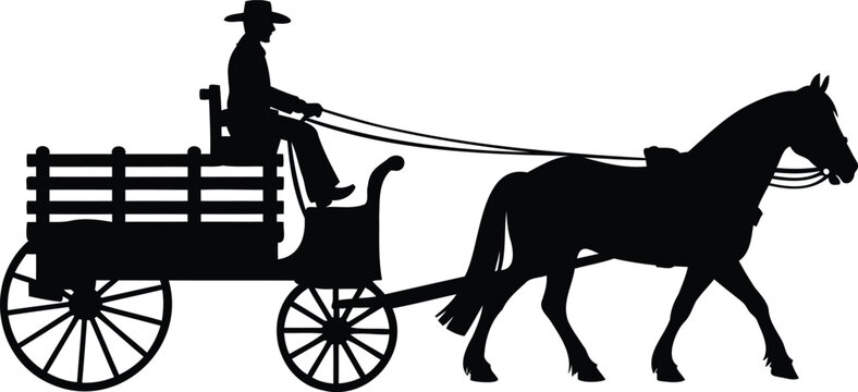 Man riding horsedrawn carriage with wooden slatted sides and wheels moving