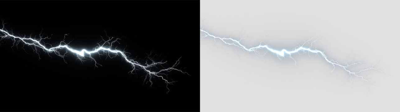 Electric blue lightning bolt on transparent background showing branching patterns in various directions