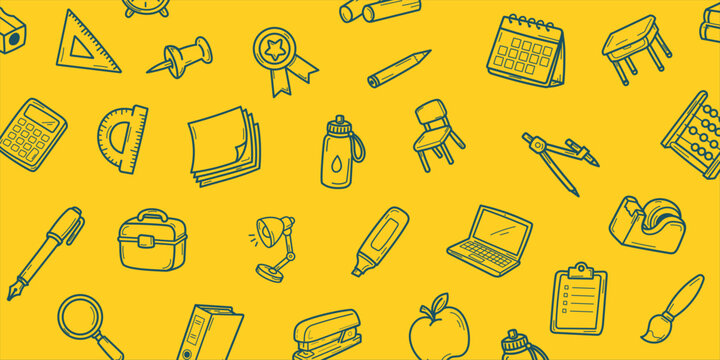 Fond jaune illustr&eacute; sur le th&egrave;me de la rentr&eacute;e scolaire avec motif de pictogrammes et fournitures d&rsquo;&eacute;cole, id&eacute;al pour banni&egrave;re, affiche, flyer, visuel promotionnel ou cr&eacute;ation &eacute;ducative.