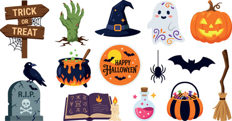 Halloween element collection with spooky cartoon decorations including pumpkin ghost witch hat potion graveyard and trick or treat sign © Danial
