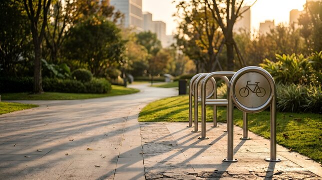Modern bicycle rack with cycle icon in sunny urban park walkway. Eco friendly transportation infrastructure and sustainable city planning concept.