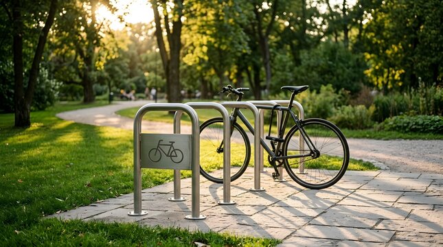 Black commuter bicycle locked to metal parking stand in green city park. Active lifestyle and sustainable eco friendly urban transportation concept.