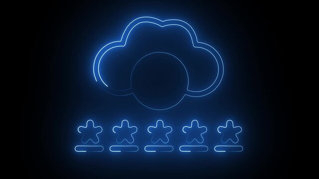 Five star rating with glowing neon cloud icon animation on black background. Futuristic cyberpunk style, digital technology concept, 4K motion graphics.