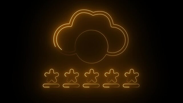 Five star rating with glowing neon cloud icon animation on black background. Futuristic cyberpunk style, digital technology concept, 4K motion graphics.