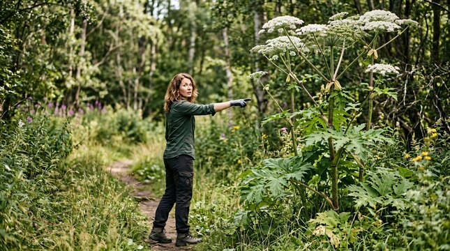 Woman botanist examining dangerous giant hogweed plant in wild forest. Scientist identifying invasive species in nature. Environmental research and plant biology study concept.