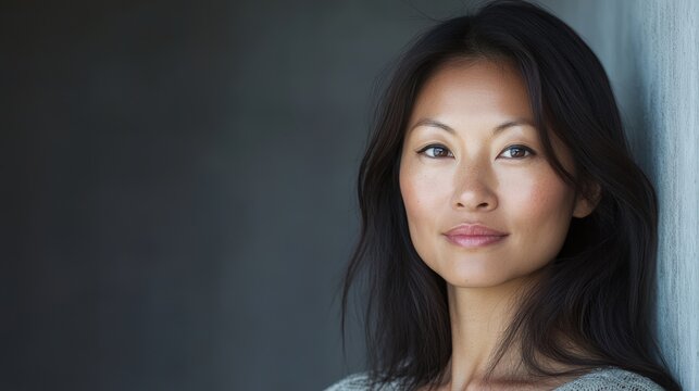Calm woman with long dark hair poses against a textured grey wall.