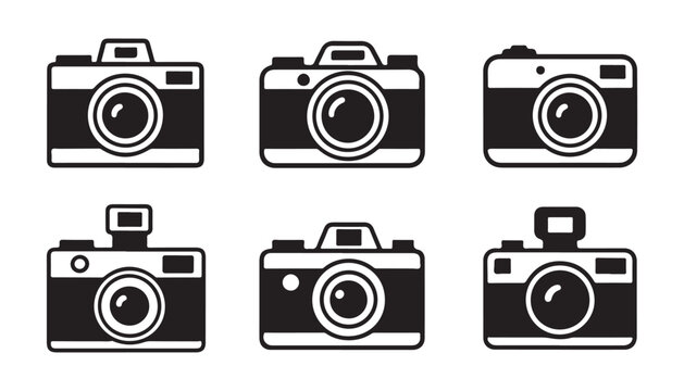 Diverse camera icons representing vintage and contemporary photographic equipment isolated on transparent background vector set.