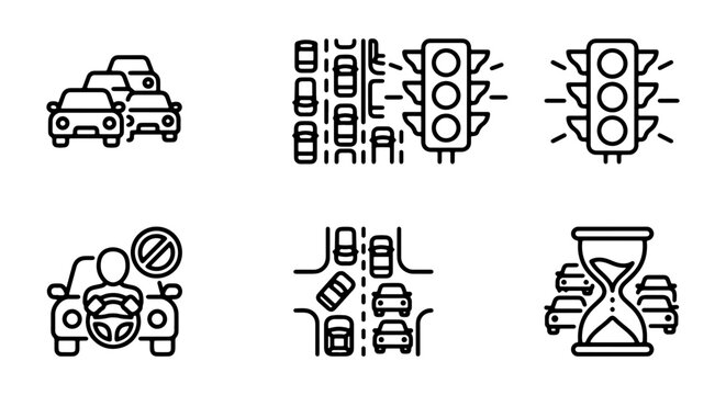 Traffic Jam Icons, Congestion Vector Set, Urban Roadway Flow Symbols