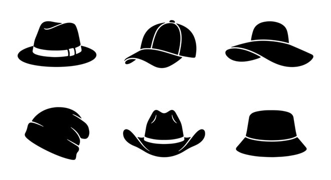 Set of Six Black Hat Silhouettes, Fashion Headwear Icons