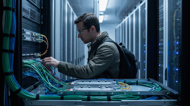 IT Auditor Examining Structured Cabling in Enterprise Server Room