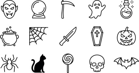 Halloween icon set with spooky hand drawn symbols including ghost pumpkin skull bat spider coffin and magic elements © Danial