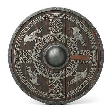 Ornate Round Viking Shield Displayed on White Background