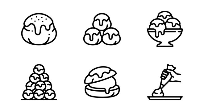 Profiterole Icons, Cream Puffs, Dessert Pastry Vector Set