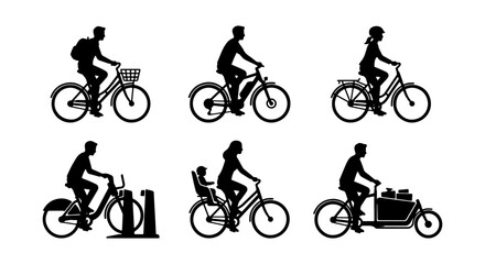 Fototapeta premium Bicycle Silhouettes Collection: Urban Commute, Family Ride, Cargo Bike