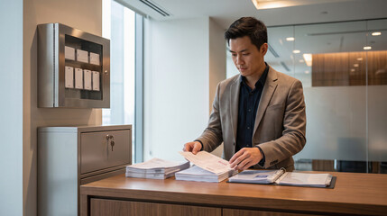 Fototapeta premium IT Governance Specialist Examines Protected Entry Logs in Corporate Office