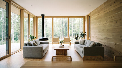 Fototapeta premium Modern Living Room Interior with Large Windows and Forest View