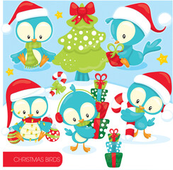 Naklejka premium Blue christmas birds with presents and tree in snowy winter scene vector design
