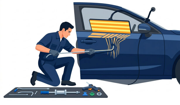 Paintless Dent Repair Technician Flat Vector Illustration