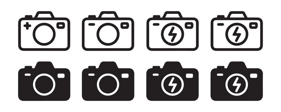 Photo camera icons collection with line and solid styles featuring flash and focus settings set.