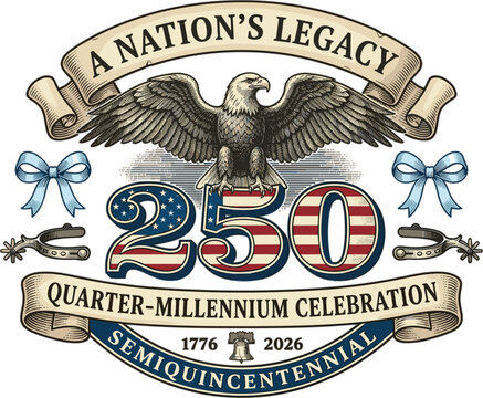 American Semiquincentennial Celebration Badge Vector Featuring Bald Eagle Patriotic Typography Ribbons Vintage Engraving Style and Anniversary Emblem Design