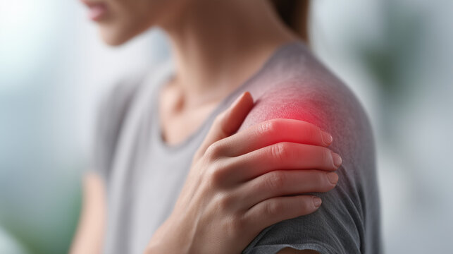 Close-up of a woman experiencing shoulder pain with highlighted inflammation area. Muscle injury, rotator cuff disorder, orthopedic healthcare, rehabilitation, physiotherapy and pain relief concept.