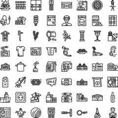 Fototapeta premium Diverse set of outlined vector icons depicting various objects, activities, and concepts from business, technology, food, tools, and everyday elements for web and print design