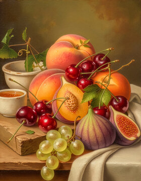 Harmonious Still Life Oil Painting of Summer Fruits &ndash; Canvas Art Print