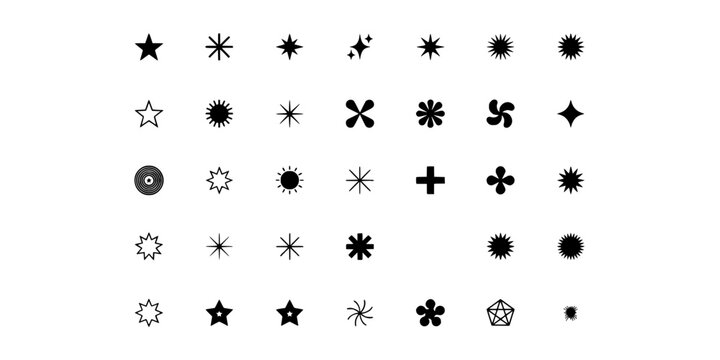 Star Icon Set with Various Sparkles and Asteroids Symbols in Black and White on Transparent Background