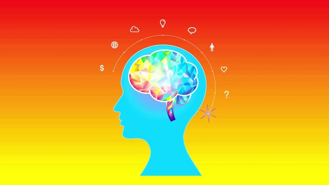 Brain thinking process conceptual animation showing human head with colorful low poly mind and floating idea icons.