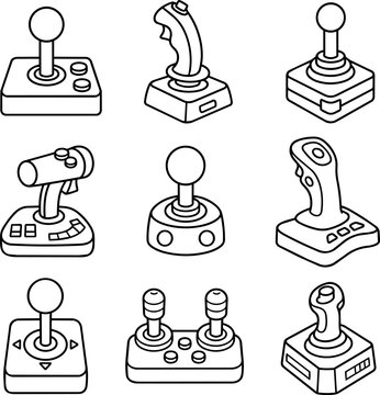 Set of retro arcade and flight simulator joysticks outline collection