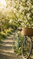 Fototapeta premium Vintage bicycle standing in sunny meadow with blooming cherry tree. Romantic spring landscape in countryside. Concept of leisure, relaxation and active lifestyle in nature during springtime.
