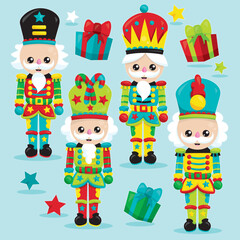 Fototapeta premium Traditional nutcracker soldiers set with gift boxes and stars on blue background