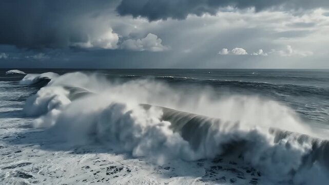 A powerful wave crashes on the ocean's surface under a dramatic sky.