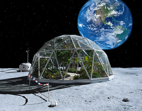 Futuristic Lunar Greenhouse Biodome with Lush Plants on the Moon and Earth in Background, Sustainable Space Agriculture Concept