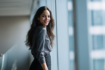 Fototapeta premium Young attractive Indian businesswoman founder, elegant skirt, strategic leadership forum, collaborative executives, entrepreneurial achievement, premium portrait.