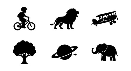 Diverse Silhouette Icons: Boy on Bike, Lion, Biplane, Tree, Planet, Elephant, Vector Graphics © Sakil