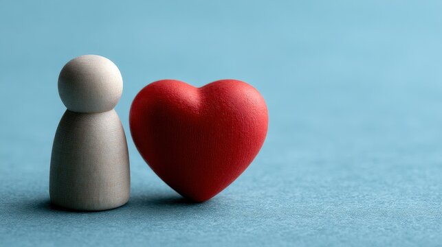 A wooden human figurine stands next to a red heart on a blue background. This symbolizes love, health, or emotional connection in a minimalist concept.