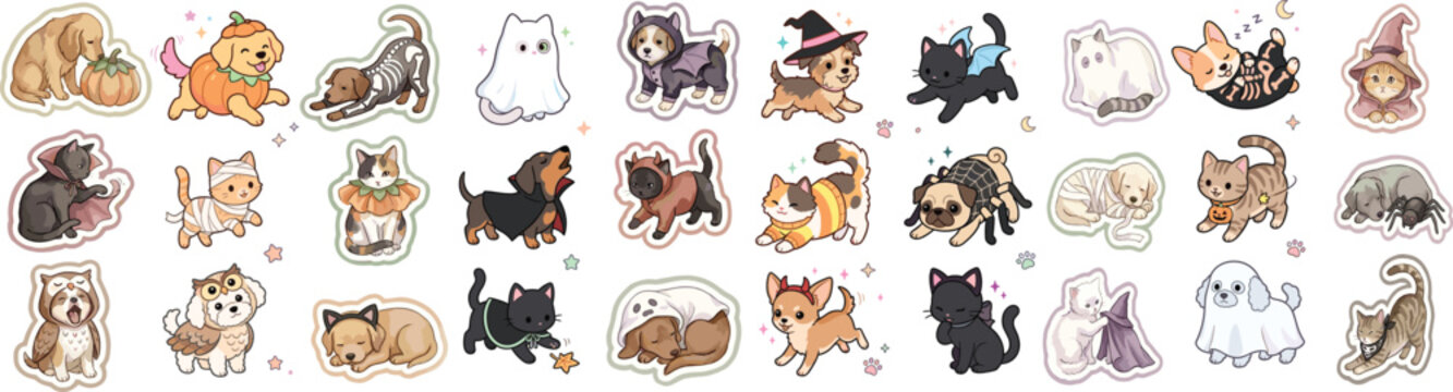 Kawaii Halloween pets vector set with cute dogs and cats in pumpkin, ghost, witch, skeleton and mummy costumes