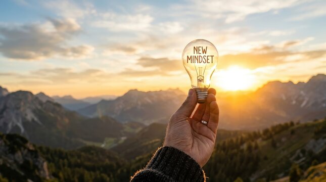 Hand holding lightbulb with New Mindset text at sunset over mountains