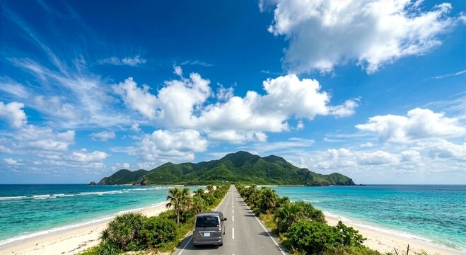 南国の海沿いをドライブする車