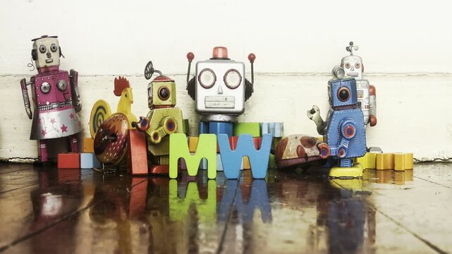 Retro robots make the word TEAMWORK stop motion 
